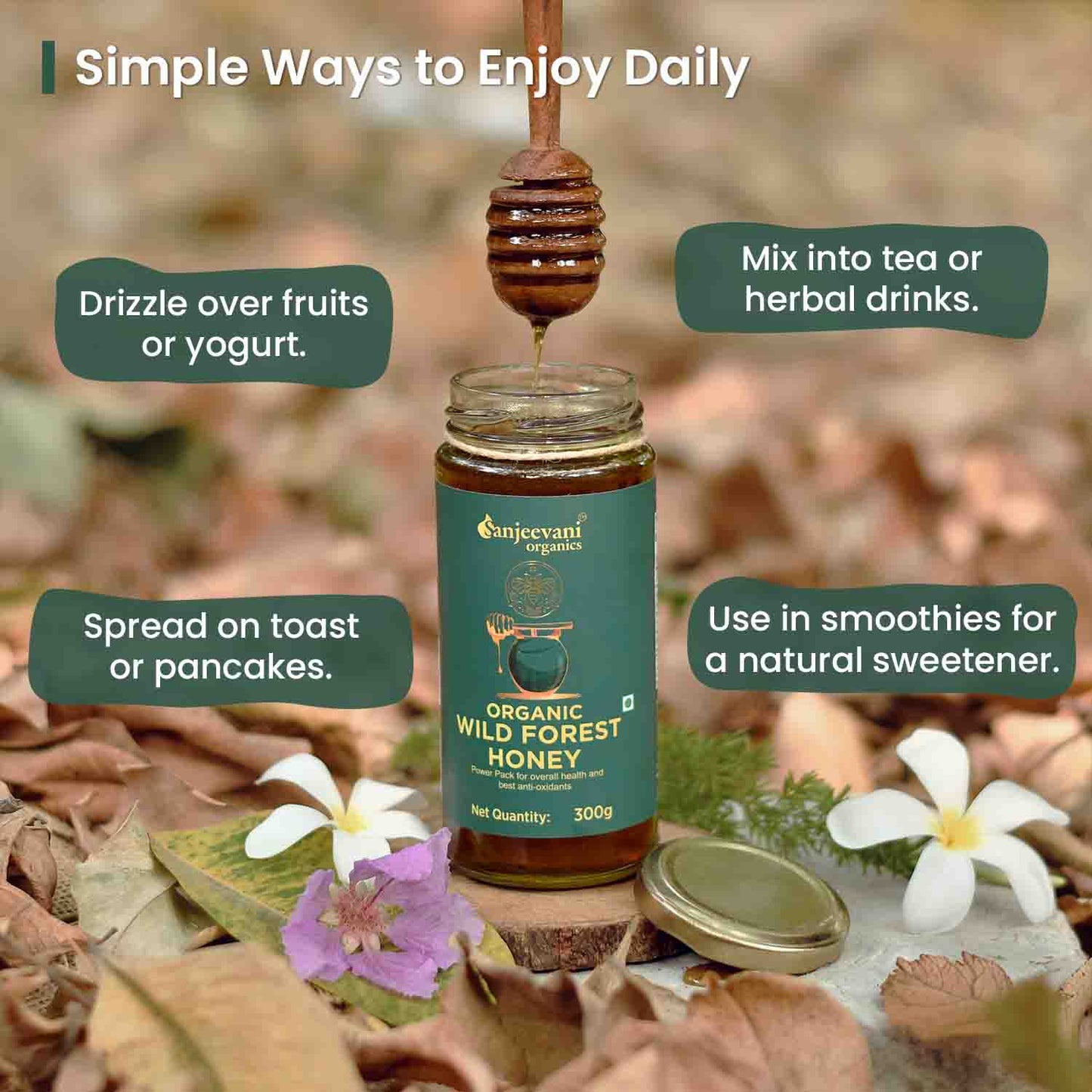 Golden jar of Organic Wild Forest Honey, showcasing its rich, amber hue, sourced from pristine, untouched forests.