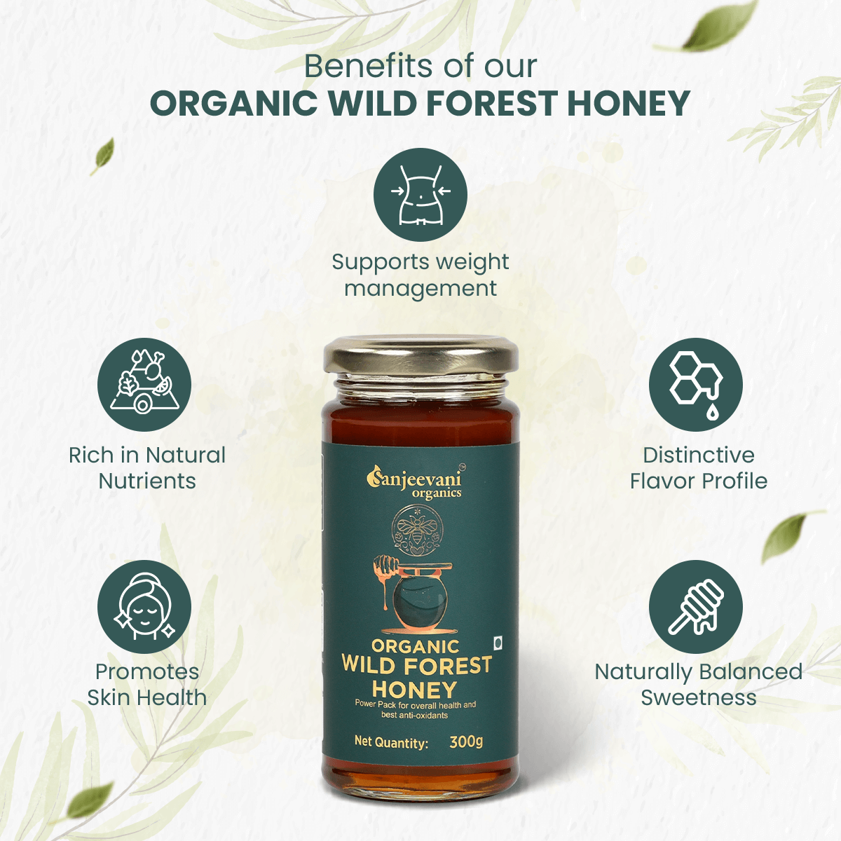 Golden jar of Organic Wild Forest Honey, showcasing its rich, amber hue, sourced from pristine, untouched forests.