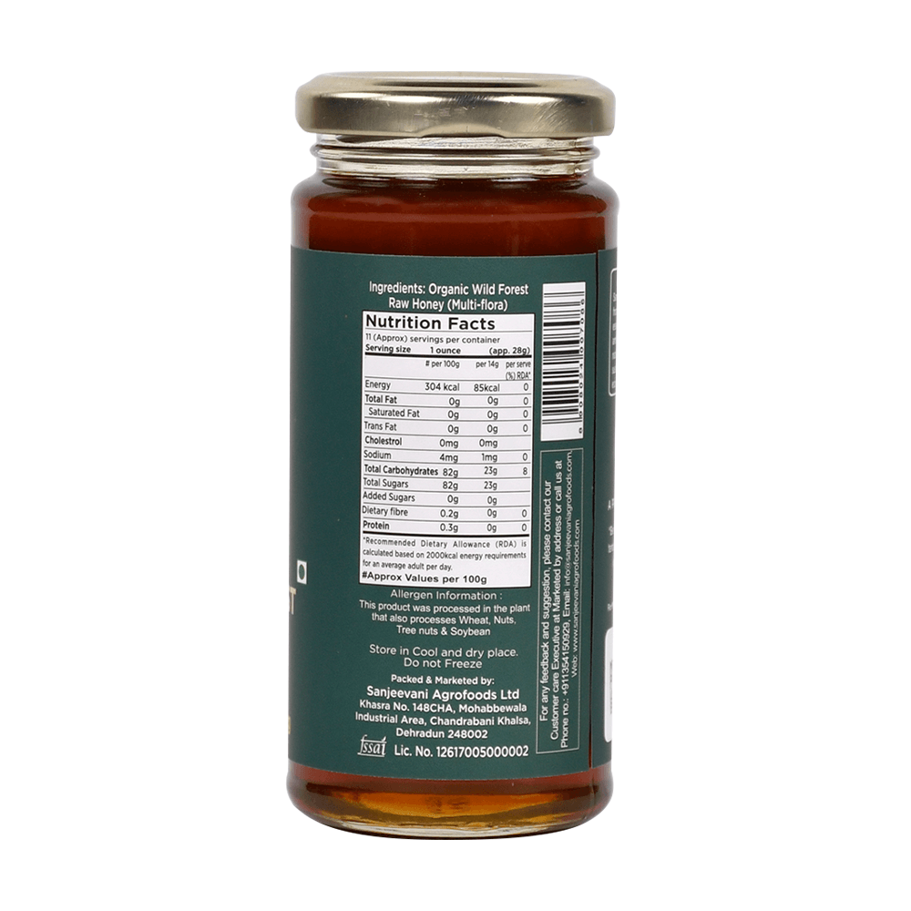 Golden jar of Organic Wild Forest Honey, showcasing its rich, amber hue from pure, untouched forest nectar.