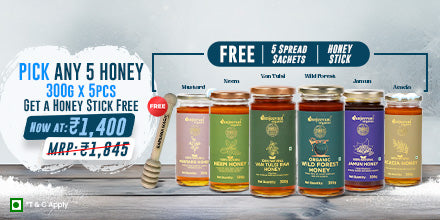 Barsana Magic and A promotional banner  It shows "Buy 5 Jars of Honey" and get 200ml of organic milk free. The original MRP is ₹1,845, now available at ₹1,499 with a 19% discount.