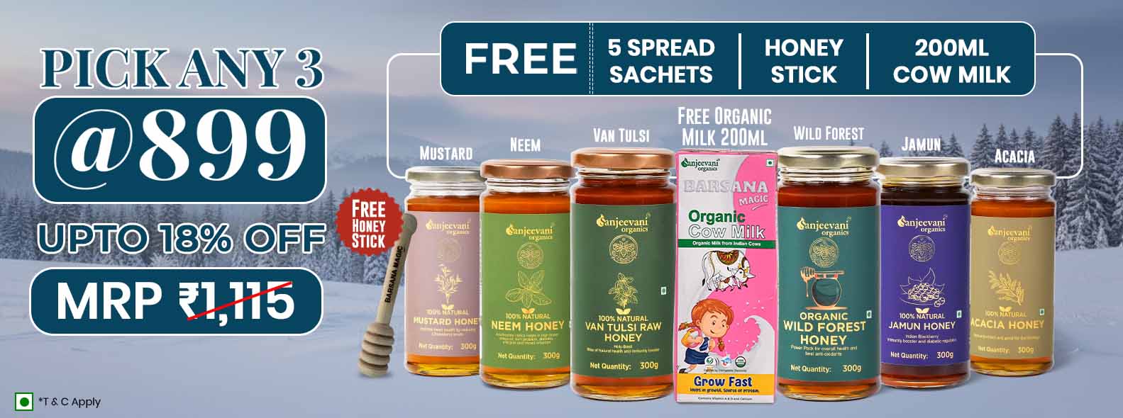 Barsana Magic and Honey products with packaging and promotional text on a snowy background