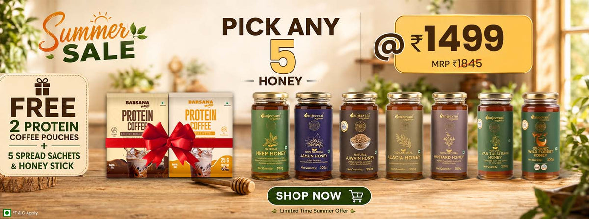 Barsana Magic and Promotional banner for a summer sale with honey products and free protein coffee pouches on a wooden surface.