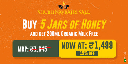 Barsana Magic and A promotional banner for "Shubh Navratri Sale." It shows "Buy 5 Jars of Honey" and get 200ml of organic milk free. The original MRP is ₹1,845, now available at ₹1,499 with a 19% discount.