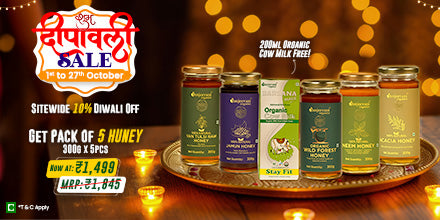 Barsana Magic and A promotional banner for "Shubh Diwali Sale." It shows "Buy 5 Jars of Honey" and get 200ml of organic milk free. The original MRP is ₹1,845, now available at ₹1,499 with a 19% discount.