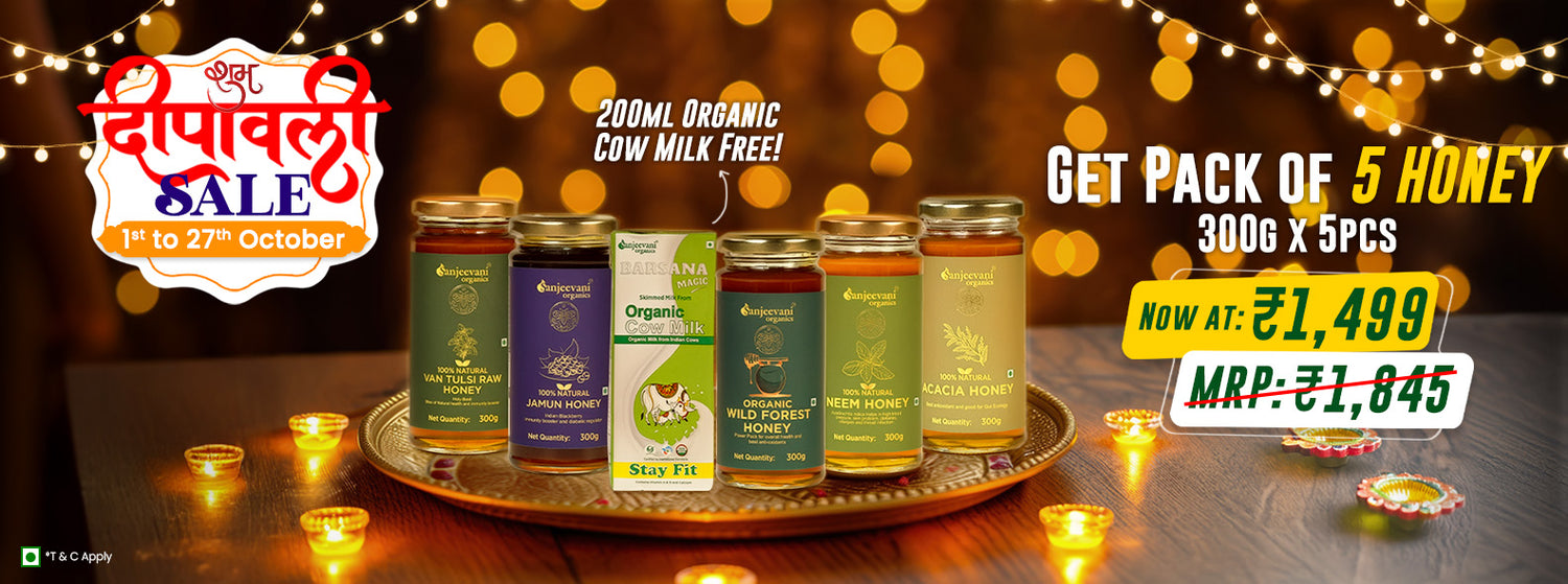 Barsana Magic and Promotional banner for a sale event with honey jars on a tray, decorative lights, and text.