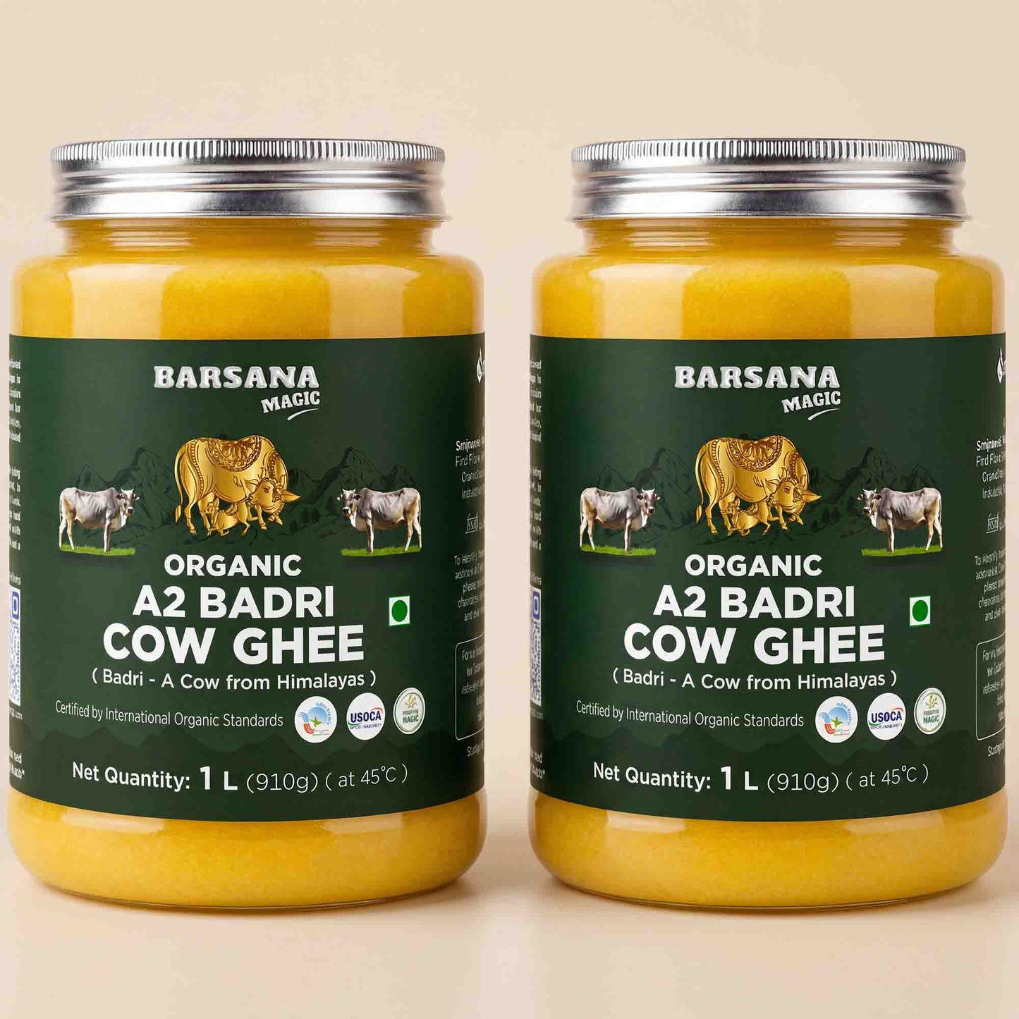 Barsana Magic and Two 1-liter jars of Barsana Magic Organic A2 Badri Cow Ghee displayed side-by-side on a light beige background.