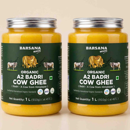 Barsana Magic and Two 1-liter jars of Barsana Magic Organic A2 Badri Cow Ghee displayed side-by-side on a light beige background.