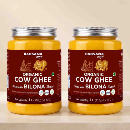 Barsana Magic and Two jars of Barsana Magic Organic Cow Ghee (Bilona Method) displayed side-by-side on a light beige surface against a matching beige background.