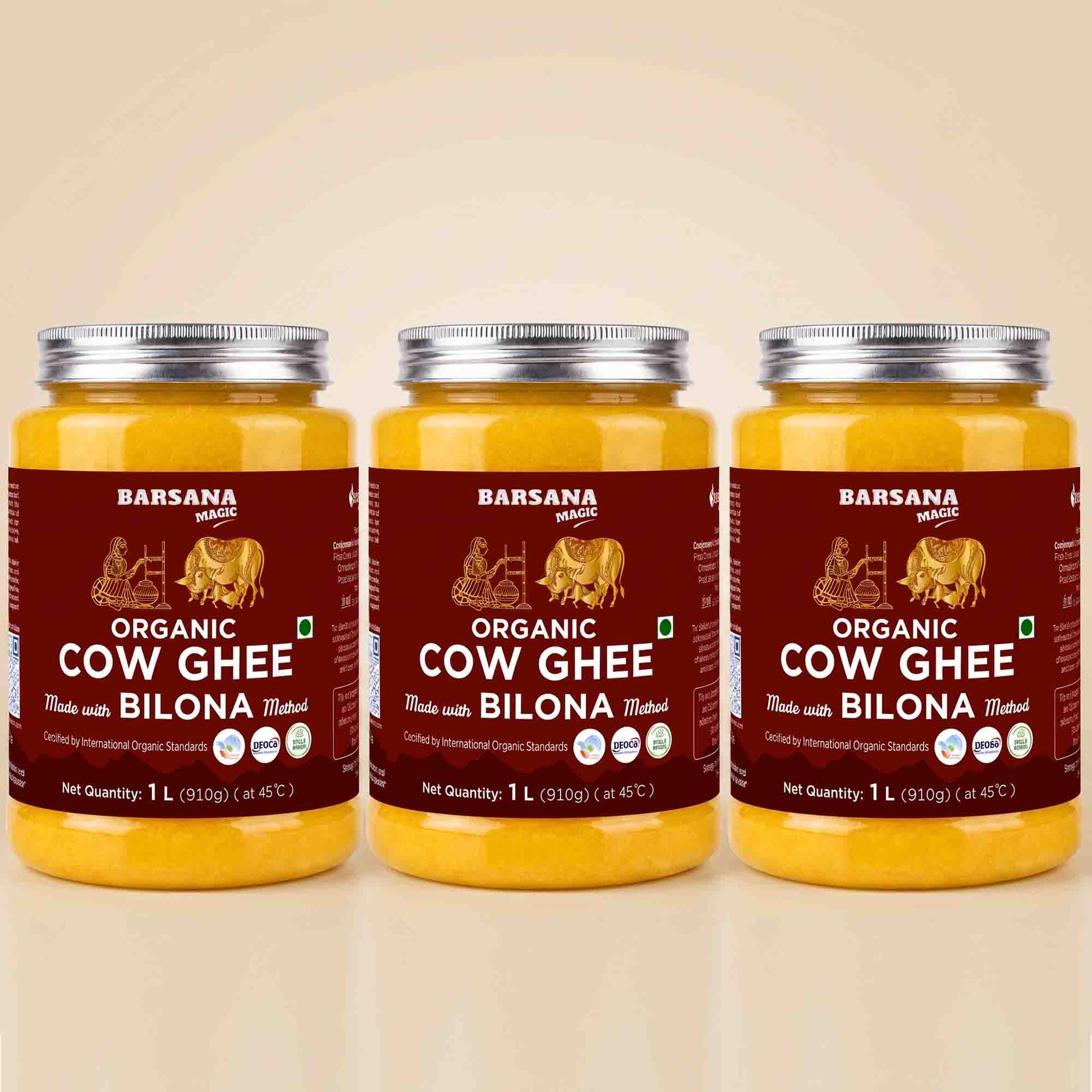 Barsana Magic and Three 1-liter glass jars of Barsana Organic Cow Ghee with Bilona, arranged side by side on a light beige background.