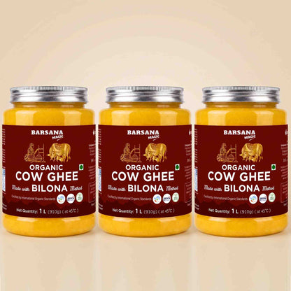Barsana Magic and Three 1-liter glass jars of Barsana Organic Cow Ghee with Bilona, arranged side by side on a light beige background.
