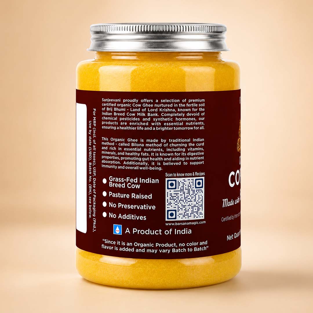 Barsana Magic and A yellow plastic bottle of Sendviroy Organic Cow Ghee with a silver metal cap, showing the back label with product details and a QR code, set against a solid beige background.