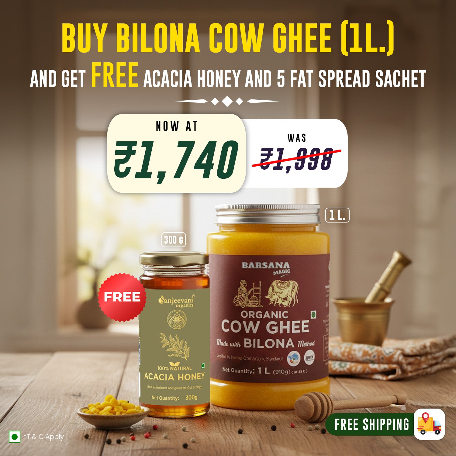 Barsana Magic and Advertisement for Bilona Cow Ghee with honey and fat spread on a wooden surface.