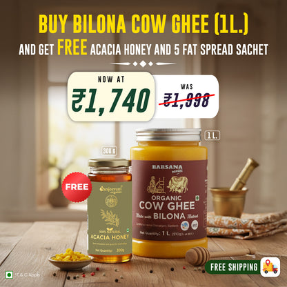 Barsana Magic and Advertisement for Bilona Cow Ghee with honey and fat spread on a wooden surface.
