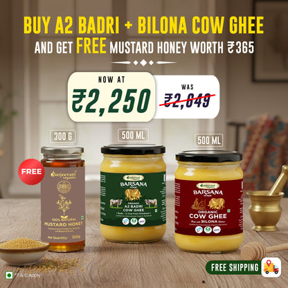 Barsana Magic and Jars of ghee on a kitchen counter with food dishes and bread in the background and Free Mustard Honey