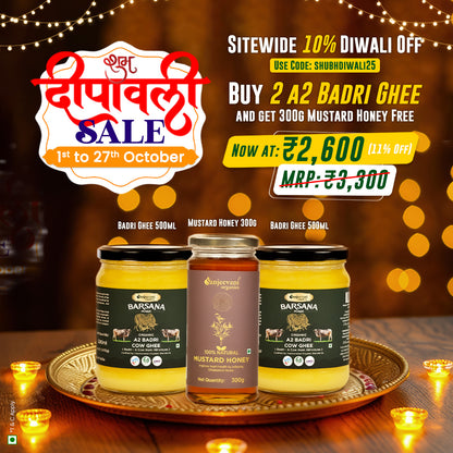 Barsana Magic and Promotional advertisement for Barsana ghee and mustard honey with Diwali sale details.
