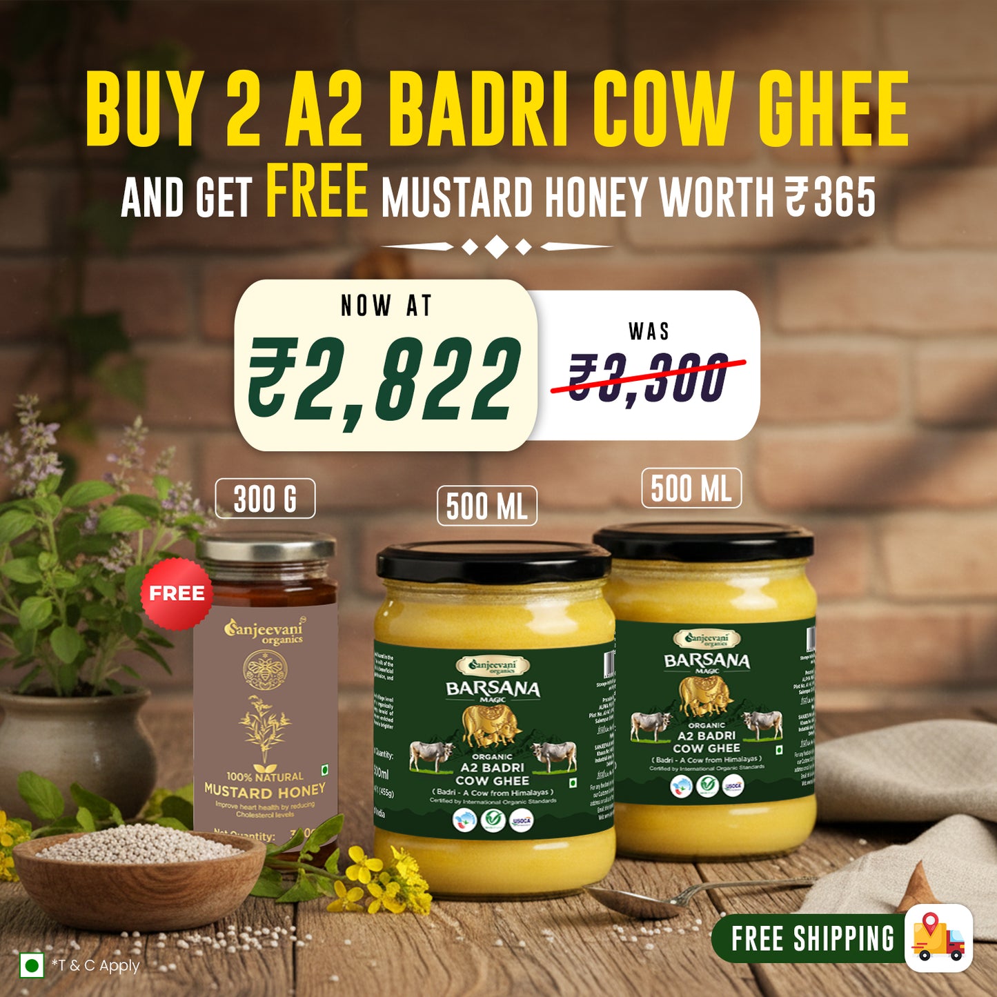 Barsana Magic and Advertisement for Badri Cow Ghee with promotional offer on a wooden surface.