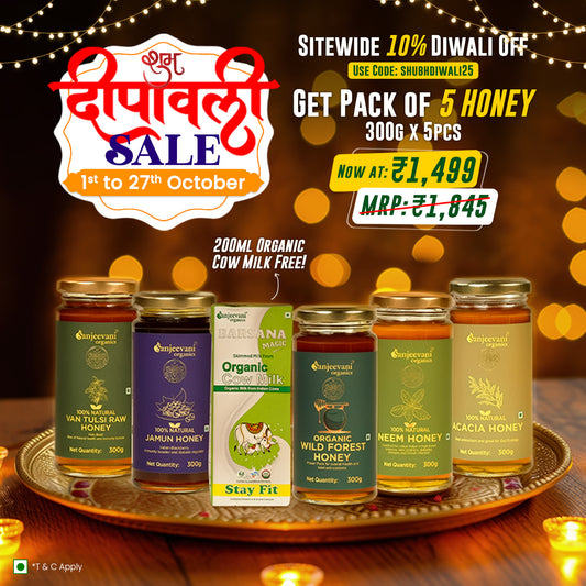 Barsana Magic and Promotional image of honey products with Diwali sale text and offer details.
