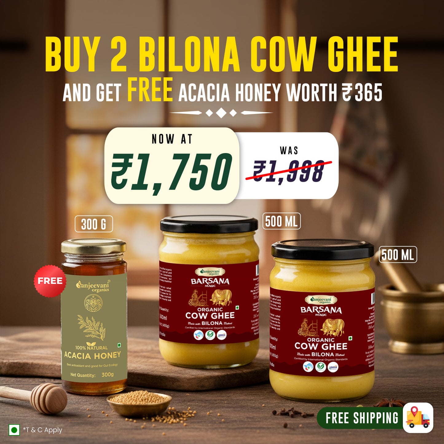 Barsana  Magic and Promotional image of Biltona Cow Ghee and Acacia Honey with price and offer details.