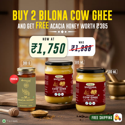Barsana  Magic and Promotional image of Biltona Cow Ghee and Acacia Honey with price and offer details.