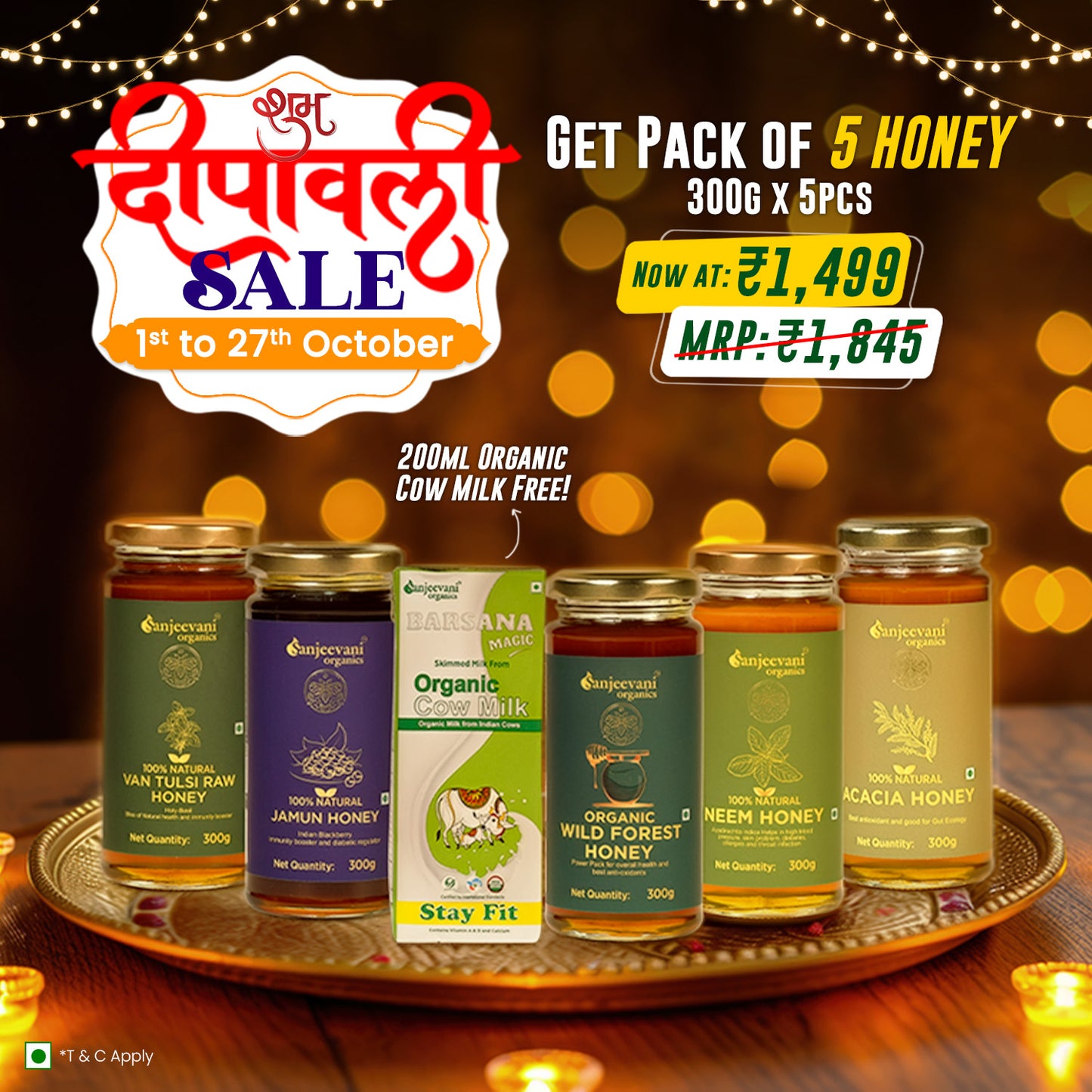 Barsana Magic and Promotional image for a honey sale with various honey products on a tray, set against a Diwali-themed background.