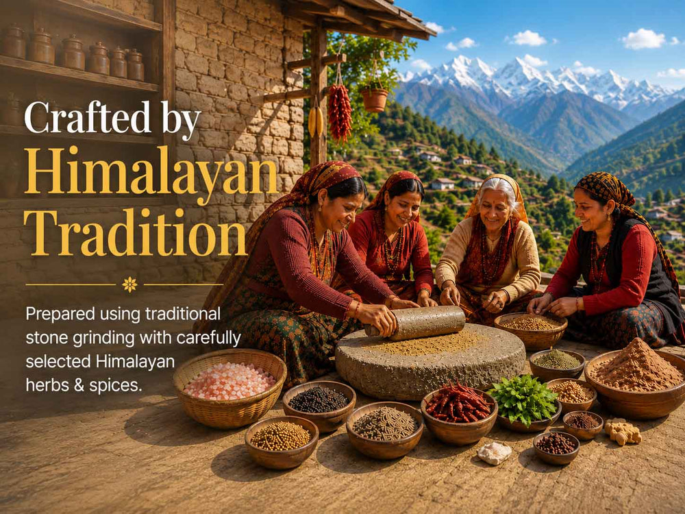 Barsana Magic and Four women in traditional clothing sit outdoors beside a stone grinder, preparing food with bowls of herbs, spices, and grains. Snow-capped mountains and a village are visible in the background, with large text reading 'Crafted by Himalayan Tradition' on the left.