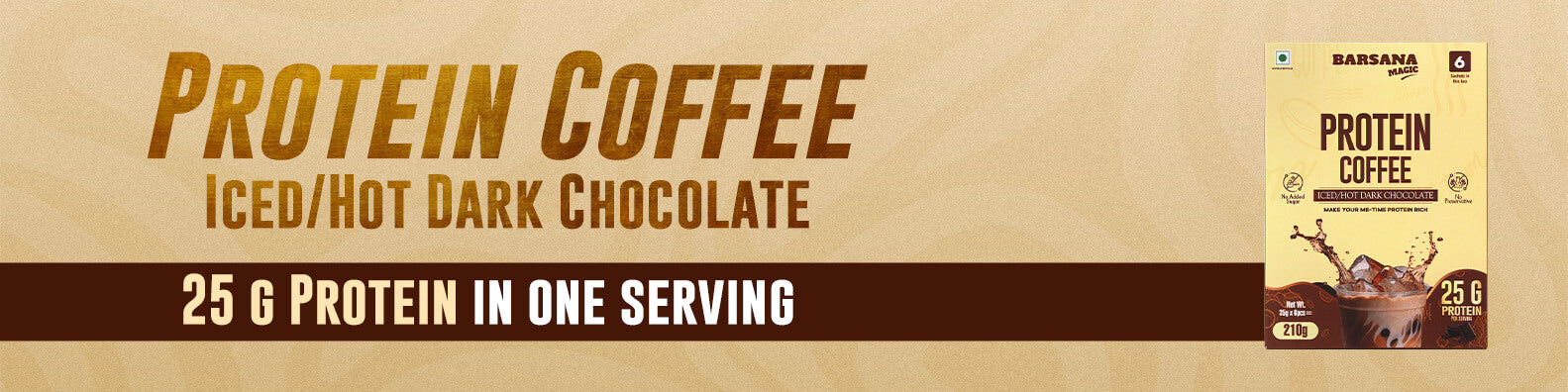 Barsana Magic and Protein coffee package with text on a beige background