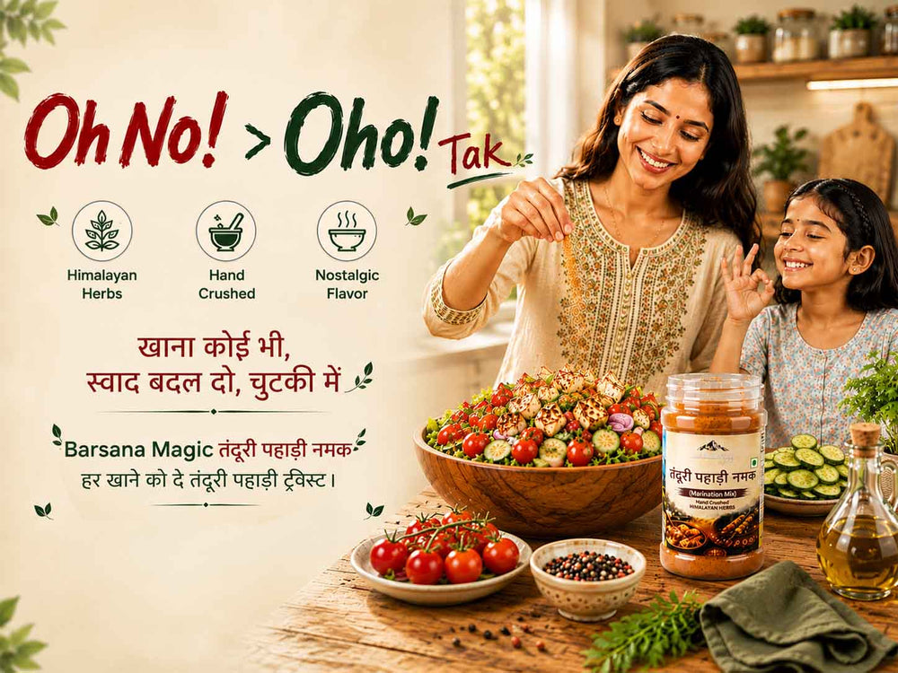 Barsana Magic and A lifestyle advertisement for Barsana Magic spice blend featuring a woman and a child preparing a fresh salad in a warm kitchen, with a jar of the product on the table and promotional text on the left.