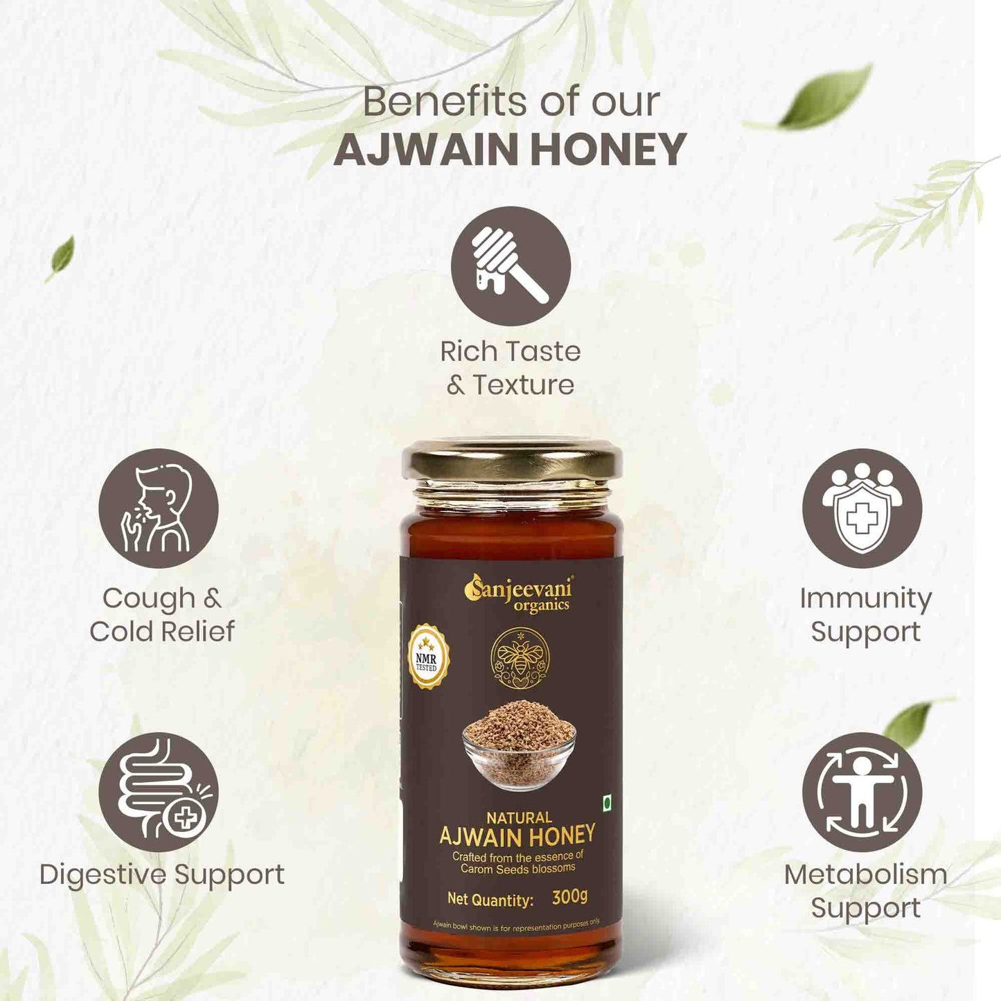 Barsana Magic and Bottle of Ajwain Honey with benefits listed on a light background