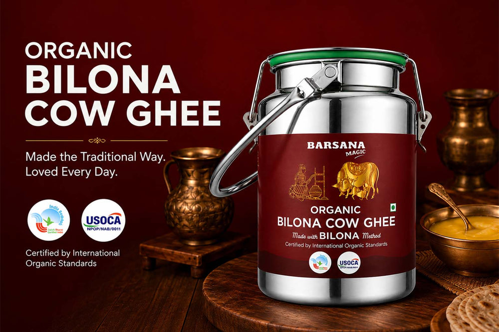 Barsana Magic and A stainless steel milk container of Barsana Magic Organic Bilona Cow Ghee with a dark red label, set on a wooden table with traditional Indian pottery and a bowl of ghee in the background. The left side features product text and USCA and Organic Standards certification logos.