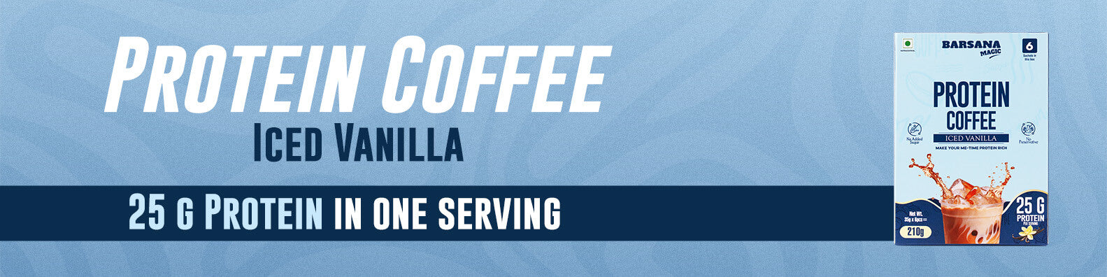 Barsana Magic and Protein coffee package with text on a blue background
