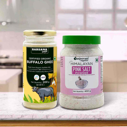 Barsana Magic and Two containers of Buffalo Ghee and Sanjeevani Himalayan Pink Salt Powder on a kitchen counter.