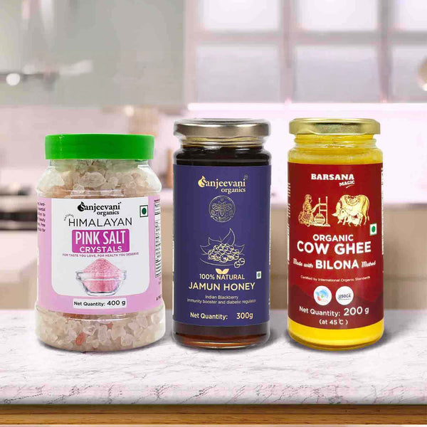 Barsana Magic and Three jars of different products on a kitchen counter