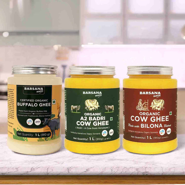 Barsana Magic and Three jars of Barsana Organic Ghee on a kitchen counter