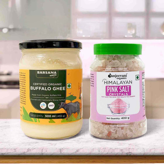 Barsana Magic and Two jars on a kitchen counter, one labeled Certified Organic Buffalo Ghee and the other 'Canevean Himalayan Pink Salt Crystals'.