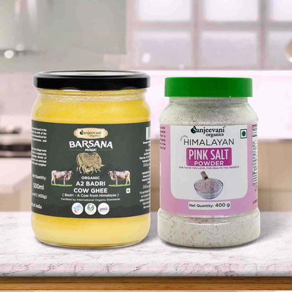 Barsana Magic and Two jars of Barsana cow ghee and Gujerrvani Himalayan pink salt powder on a kitchen counter.
