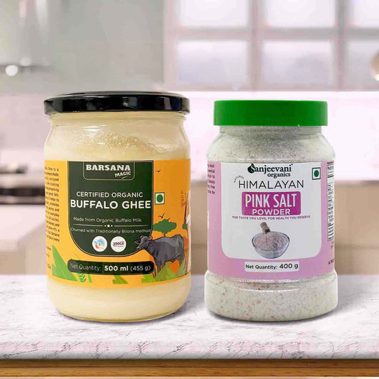 Barsana Magic and Two jars of Barsana Buffalo Ghee and Gunjervani Himalayan Pink Salt Powder on a kitchen counter.