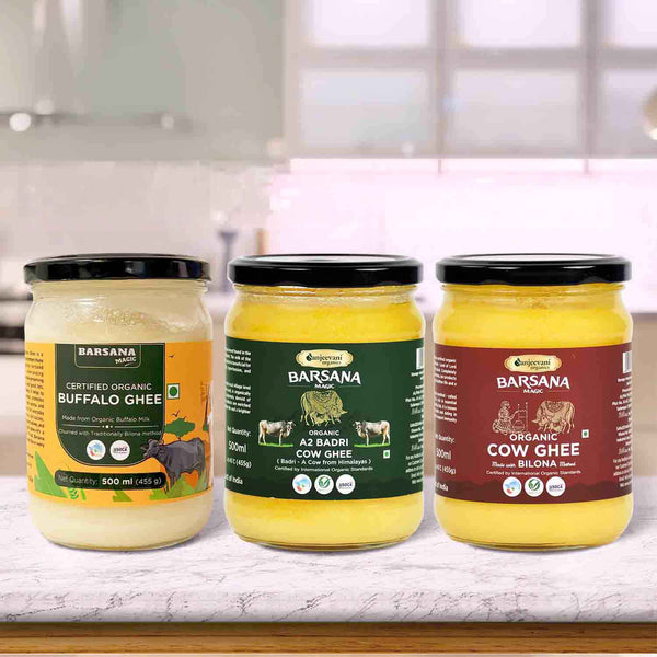 Barsana Magic and Three jars of Barsana ghee on a kitchen counter