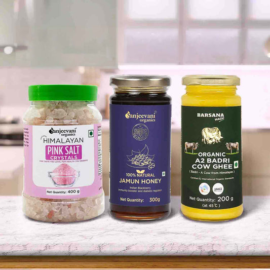 Barsana Magic and Three jars of different products on a kitchen counter