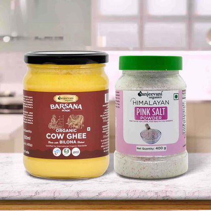 Barsana Magic and Two jars of Barsana Organic Cow Ghee and Gujranvani Himalayan Pink Salt Powder on a kitchen counter.