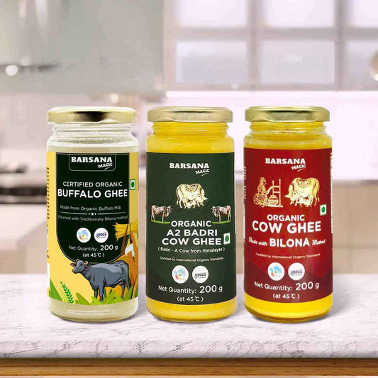 Barsana Magic and Three jars of Barsana ghee on a kitchen counter