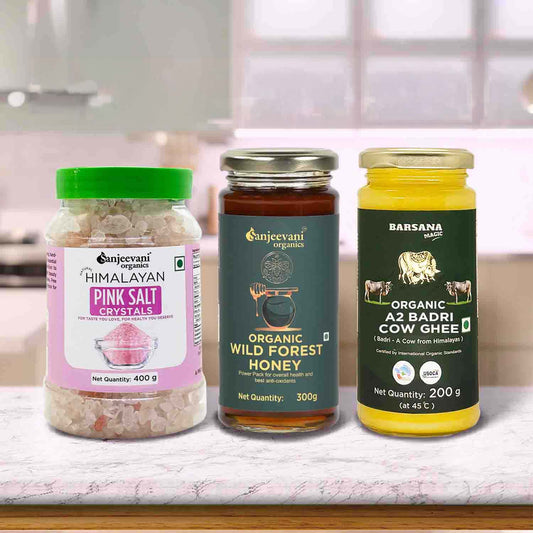 Barsana Magic and Three organic food products on a kitchen counter