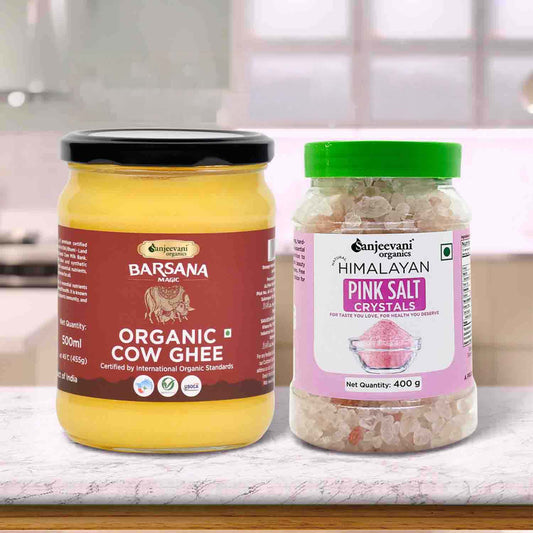 Barsana Magic and Two jars of Barsana Organic Cow Ghee and Sanjeevani Himalayan Pink Salt on a kitchen counter.