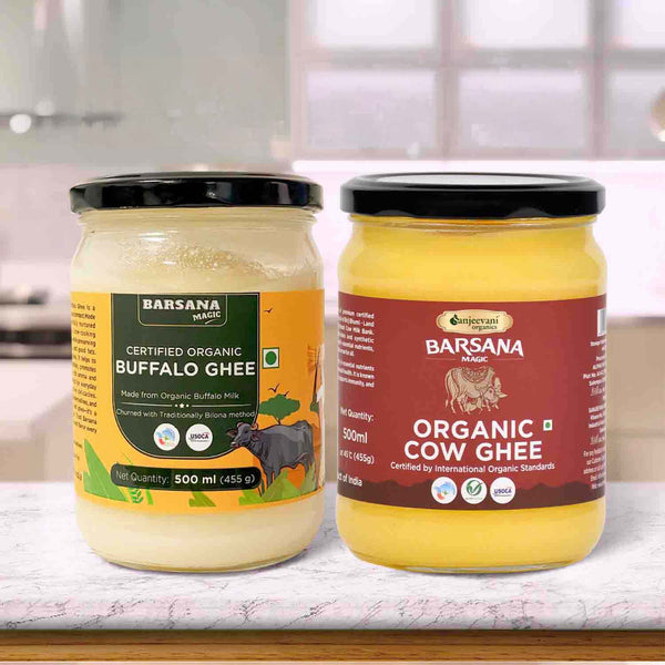 Barsana Magic and Two jars of Barsana Organic Ghee on a kitchen counter