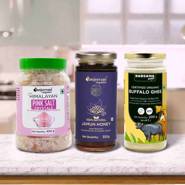 Barsana Magic and Three jars of different products on a kitchen counter