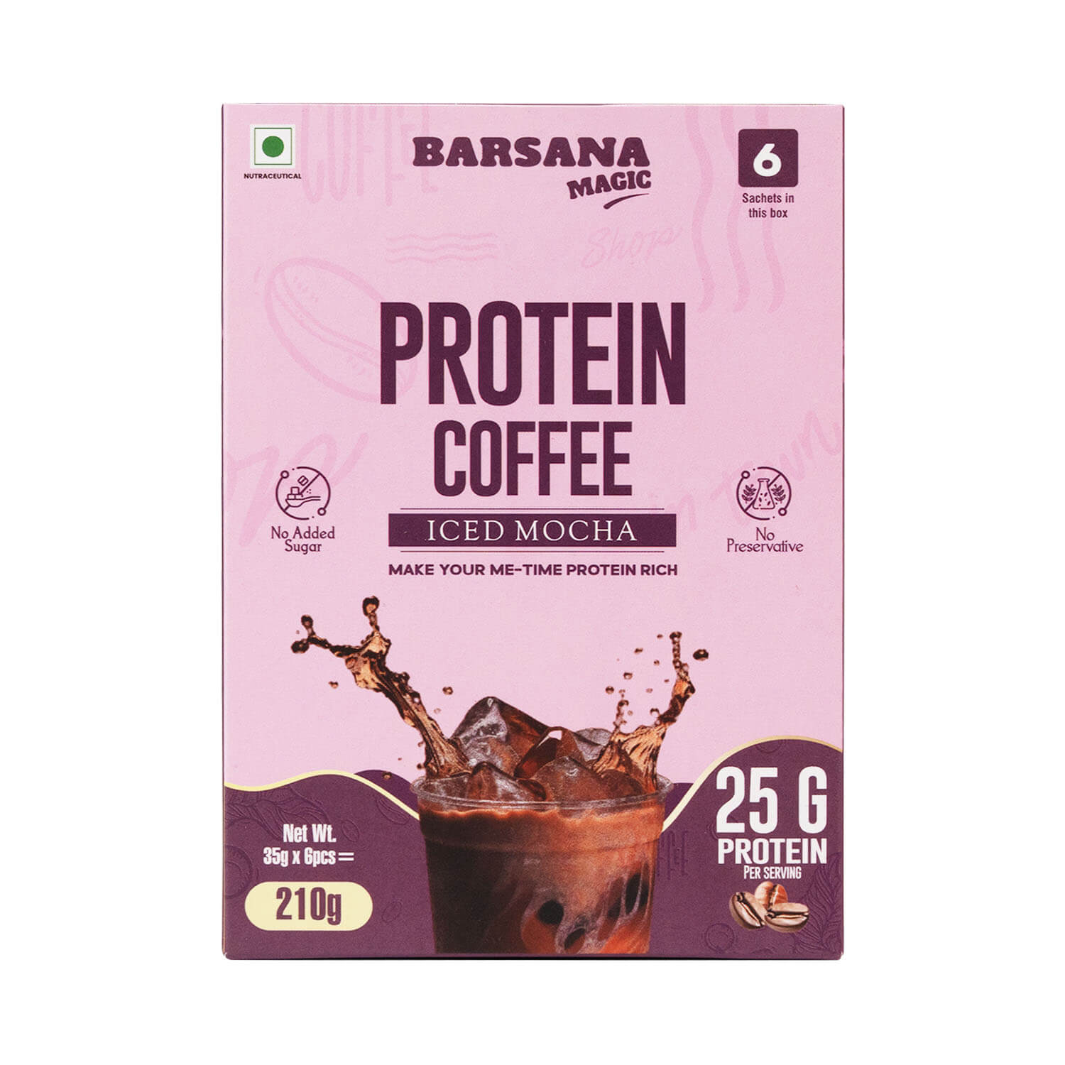 Barsana Magic and Protein Coffee Iced Mocha packaging on a white background