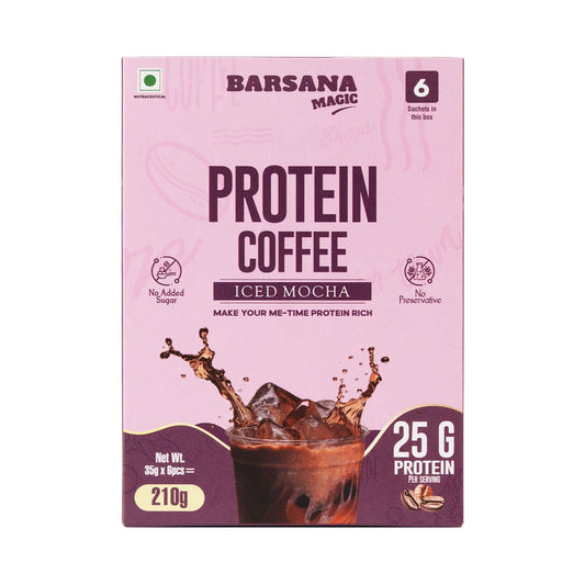 Barsana Magic and Protein Coffee Iced Mocha packaging on a white background