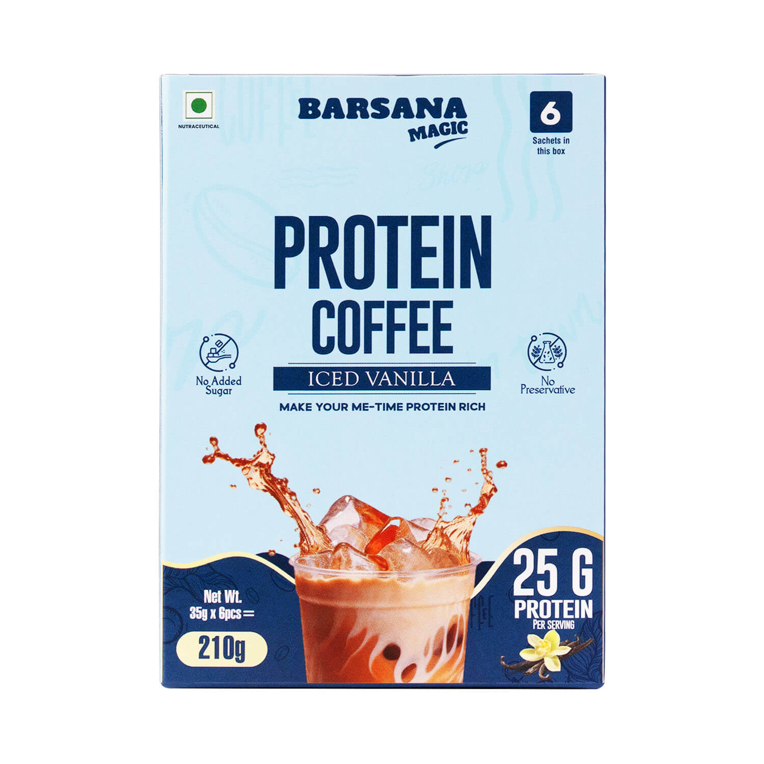Barsana Magic and Protein Coffee package with ice coffee illustration on a light blue background