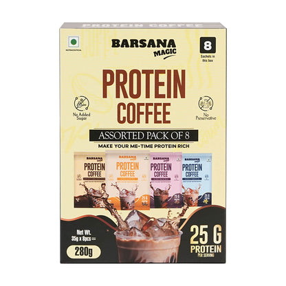 Barsana Magic and Box of Protein Coffee with images of coffee packaging and a glass of iced coffee.