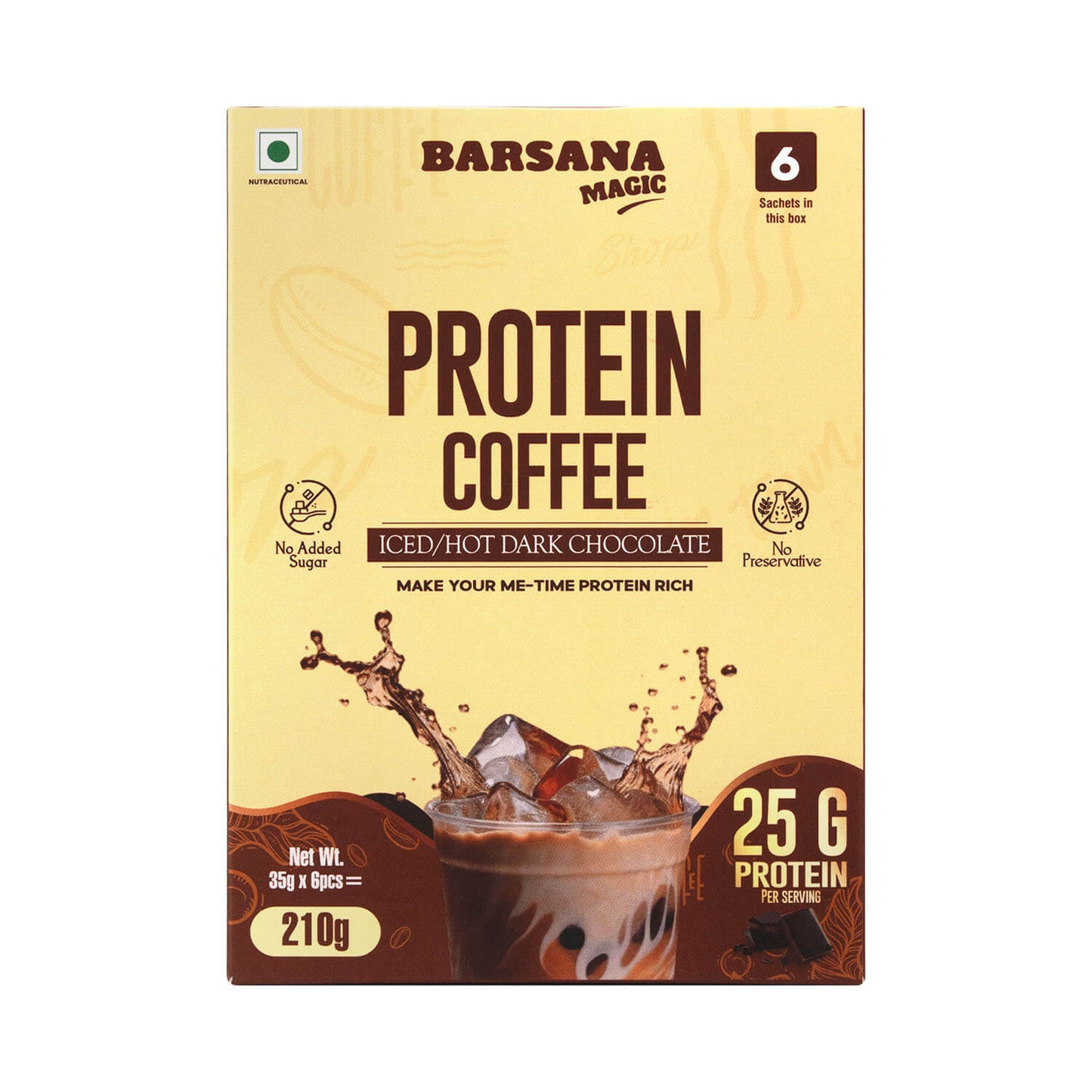 Barsana Magic and Protein Coffee package with a yellow and brown design on a white background