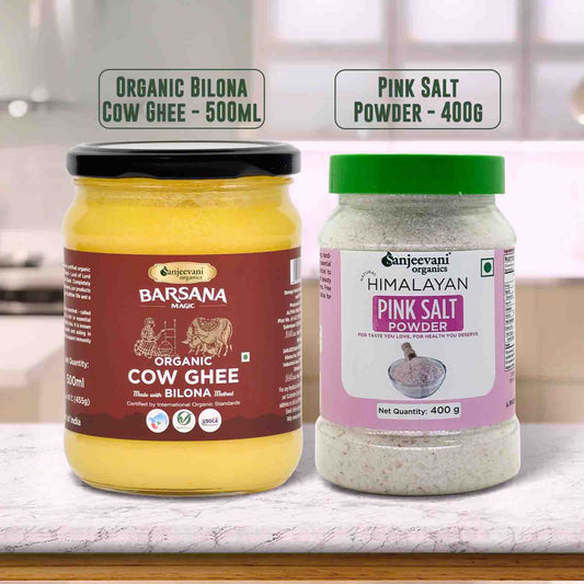 Barsana Magic and Two jars of Barsana Organic Cow Ghee and Gujerrani Himalayan Pink Salt Powder on a kitchen counter.